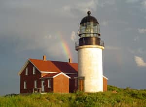 Seguin Island Lighthouse with a rainbow